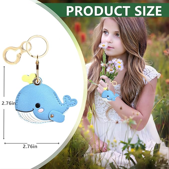 Leather Keychain Holder Case Compatible with AirTag,Cute Protective Cover with Keyring,Anti-Scratch Finder GPS Tracker Case for Wallet Keys,Bag,Pets(Whale Blue)