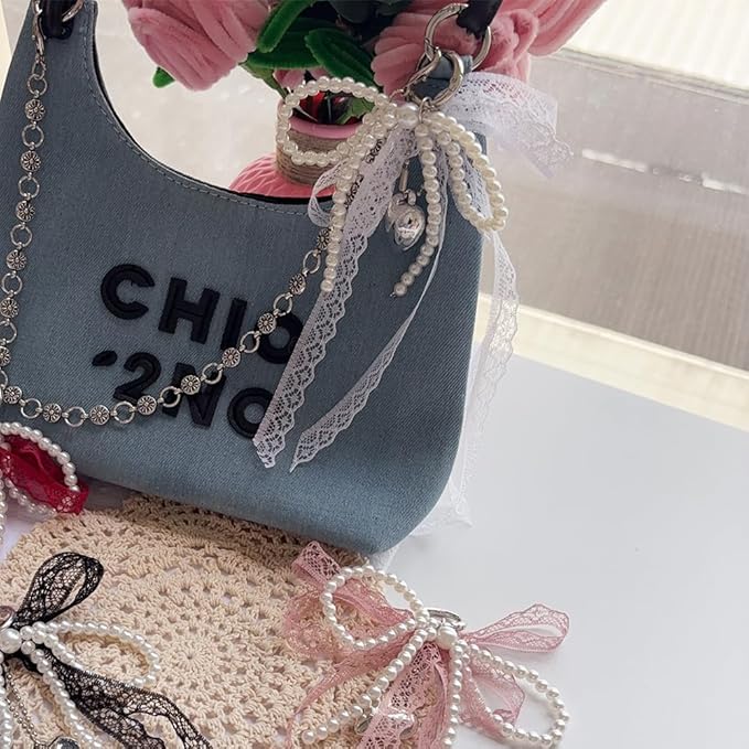 Pearl Bow Keychain Cute Y2k Lace Bowknot Keychain Coquette Aesthetic Accessories Bag Purse Handbag Backpack Charm