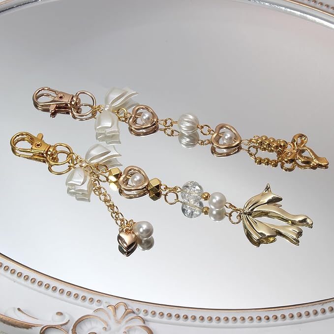 Pearl Beaded Keychain Charms, Cute Purse Charms for Handbags, Gold Starfish Keyring for Women, Heart Star Moon Shell