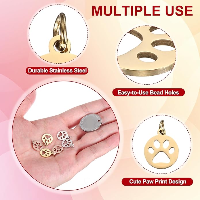 PATIKIL Dog Paw Print Charms 3mm, 20 Pcs Round Cat Dog Paw Pendant Cute Hollow Pet Animal Footprint Pendants Keychain Charm for DIY Jewelry Making Necklace Bracelet, Gold