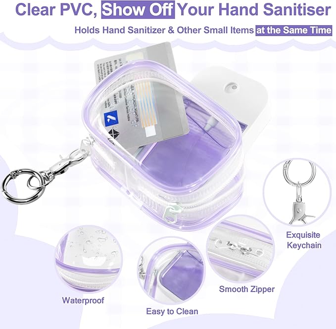Hand Sanitizer Spray Clear Case for 1FL OZ/30ml, 3 Pack Hand Sanitizer Holder Zippered Pouch, Mini Clear Makeup Bag, Figures Display Bag, with Keychain Snap Hook (Black & White & Purple)