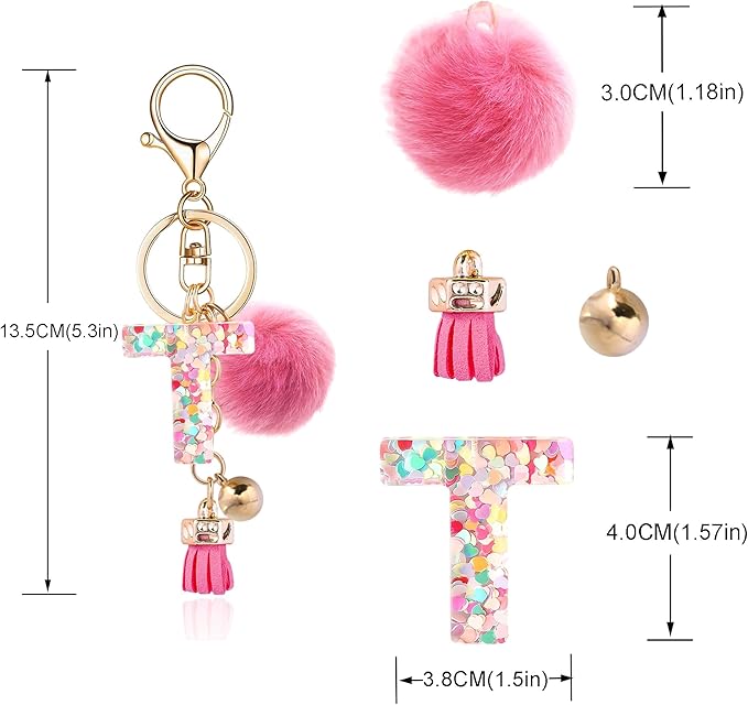 Resin Alphabet Initial Letter Keychain Keyring for Women Purse Handbags With Fur Ball Pom