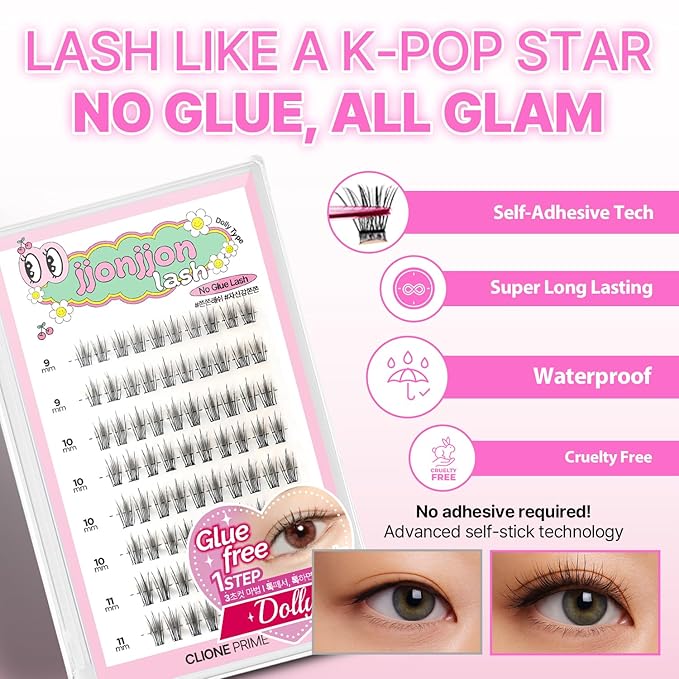 CLIONE PRIME Korean Self Adhesive Lash Clusters Manga Look No Glue Press On Pre Bond Lash Clusters Fluffy Self Adhesive False Eyelashes No Glue Needed Reusable Wispy Eyelash Extensions