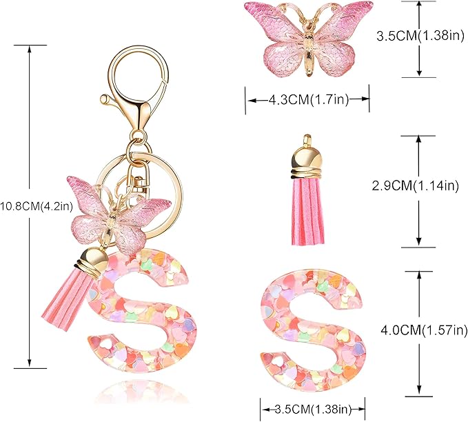 Fashion Alphabet Initial Letter Keychain Tassel Butterfly Pendant Key Ring for Purse Handbags Women Girl