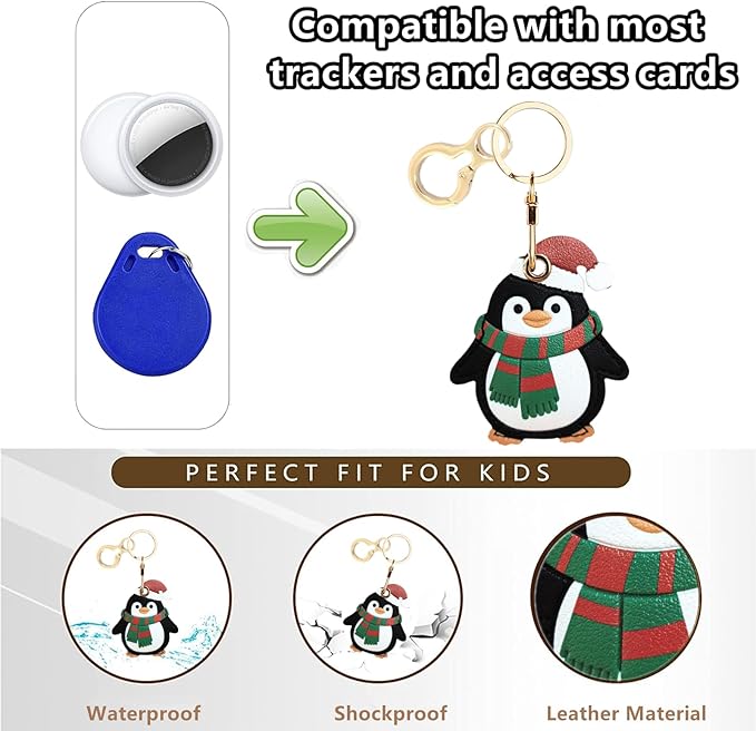 Leather Keychain Holder Case Compatible with AirTag,Cute Protective Cover with Keyring,Anti-Scratch Finder GPS Tracker Case for Wallet Keys,Bag,Pets(Penguin)