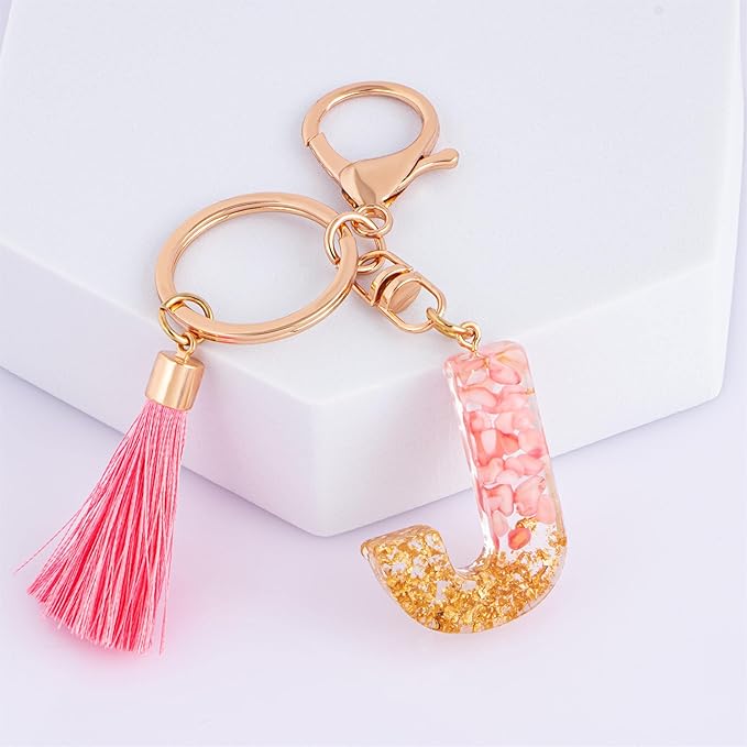 Suweibuke Cute Pink Key Chains for Women Girls, Initial Letter Keychains with Tassel, Charms for Key Purse Handbags Backpacks