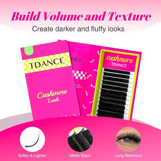 TDANCE Cashmere Lash Extensions Super Matte Black Volume Lash Extension C CC D DD B J L Curl 0.03-0.2mm Thickness Classic Lash Extensions Eyelash Extensions Professional Salon Use(0.03-DD,15mm)