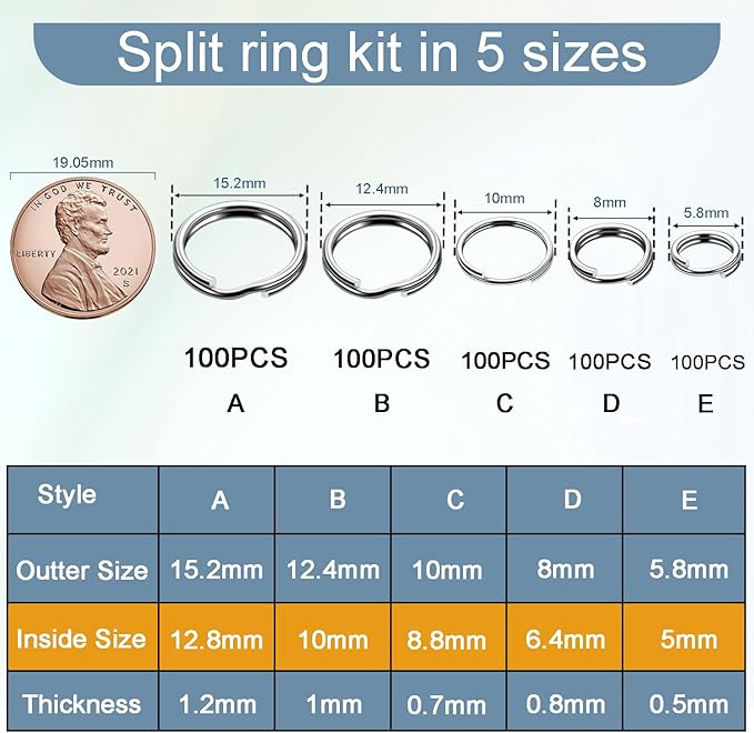 500pcs Assorted 5 Size Small Split Ring for Key Ring, Metal Keychains Key Rings Pet Collar Tag Double Loops Round Jump Rings for Jewelry Making Necklaces Bracelets Earrings Craft Accessories, Silver