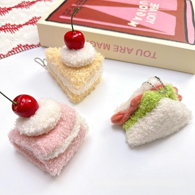 Super Cute Realistic Plush Cherry Cake Sandwich Hamburger Hotdog Bread Keychain Key Ring Bag Charm Pendant