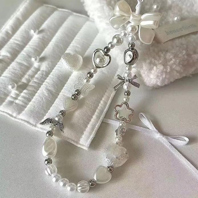 2 Pcs Phone Charm Strap Hand Universal for iPhone Wrist Strap Camera Lanyard Pearl Beaded Cute Chain String Accessories Universal for iPhone 17 Pro Max Samsung Women Girls Phones Bag Keychain