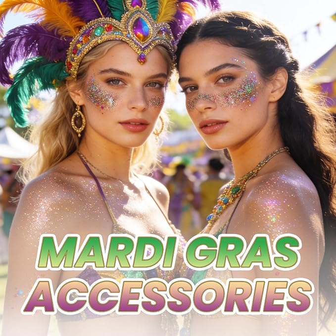 DAGEDA Body Glitter Gel, Roll-on Face Glitter for Mardi Gras Oufits Accessories for Women, Mardi Gras Green Purple Gold Hair Glitters,Body Shimmer Makeup for Carnival Party