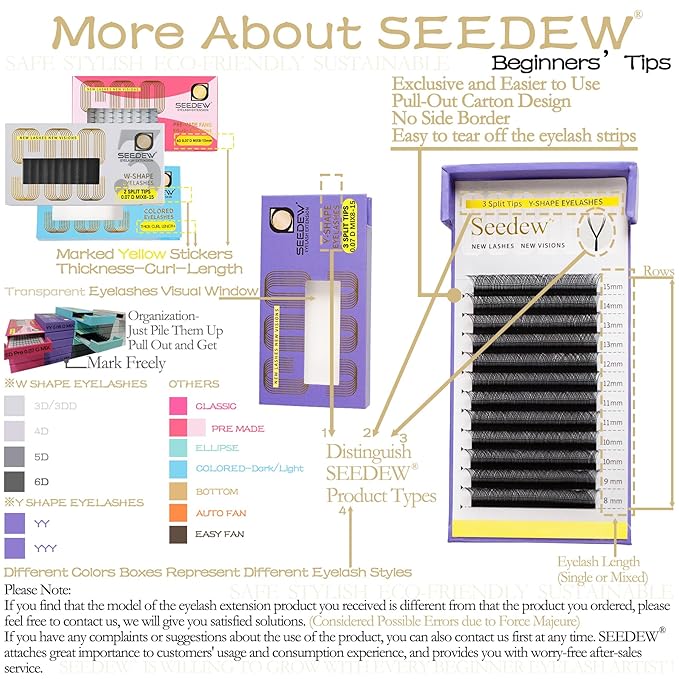 SEEDEW 3D-Double Tips Lash Extensions, 0.07mm D Curl 12mm 12 Rows/Tray, W Shape 3DD Flat Stem, PBT Natural False Eyelashes for Beginner Artist, Lash Tech, Beauty Salon(3DD-Matte Black-0.07-D-12mm)