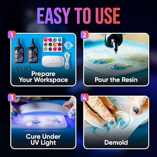 CRAFT RESIN 300g UV Resin Kit Hard Type Low Viscosity – Crystal Clear and No-Yellowing UV Resin Glue for DIY, Jewelry Making, Molds Casting and Polymer Clay Projects - Fast Cure Under UV Light