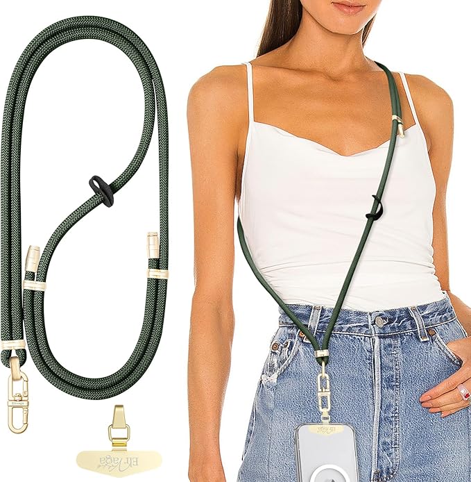 Adjustable Anti-Theft Phone Lanyard Neck & Crossbody Strap with 0.2mm Metal Tab & Comfort-Fit 8mm Rope(Dark Green)