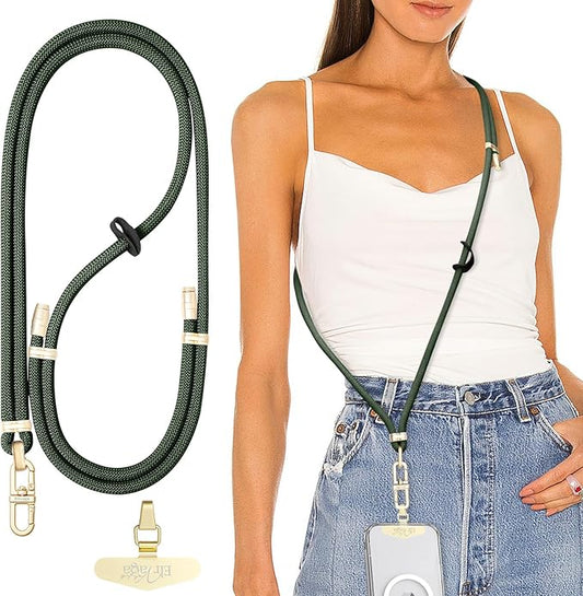 Adjustable Anti-Theft Phone Lanyard Neck & Crossbody Strap with 0.2mm Metal Tab & Comfort-Fit 8mm Rope(Dark Green)