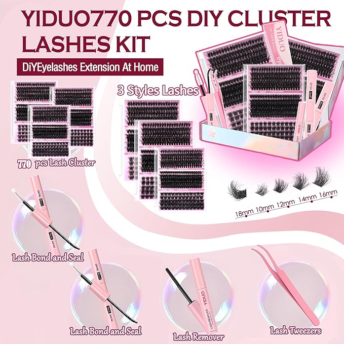 YIDUO Volume Lashes Clusters Lash Kit 770Pcs with 2X Bond&Seal 5 style Mixed C-Curl False Eyelashes Extensions Kit Faux Mink Individual Wispy Lash Clusters Thick Lash Extensions DIY at Home Easily