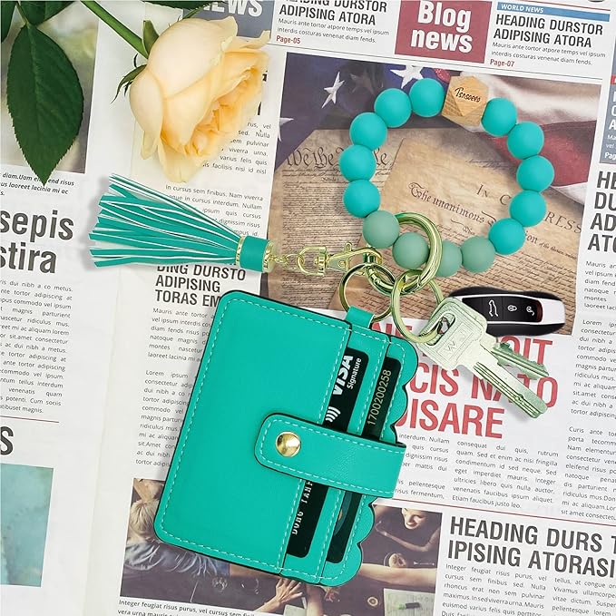Keychain Wallet Wristlet Small Credit Card Holder Bracelet Key Chain Purse Bangle Tassel Beads Key Rings for Women