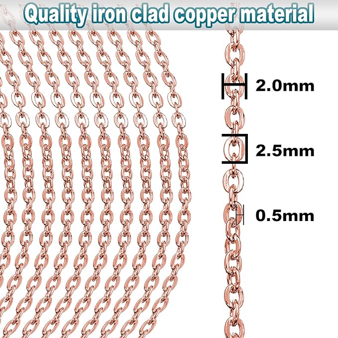 Jishi 33ft Link Cable Chain Roll 2mm, Rose Gold Chain for Jewelry Making Necklace Earring Bracelet DIY Craft Jewelry Making Findings Supplies, Rose Gold Plated Iron Metal Rolo Necklace Chain Spool Set