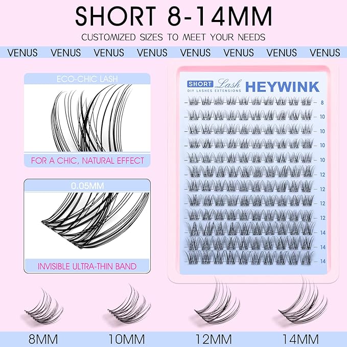 Venus Lash Clusters Kit Short 8-14mm D Curvature Natural Wispy Eyelash Clusters DIY Eyelash Extension Natural Lash Clusters Thin Invisible Lash Band Cluster Eyelash Extension(Venus Short Kit)