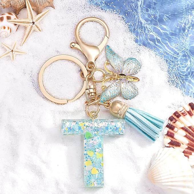 Fashion Alphabet Initial Letter Keychain Tassel Butterfly Pendant Key Ring for Purse Handbags Women Girl