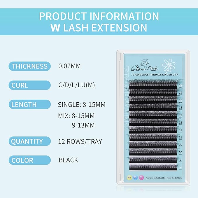 GLAMLASH W Eyelash Extensions 7D Russian Volume Premade Fan Natural Soft Matte Black False Lashes Professional Salon Supplies(7D,0.07,L,8-15mm)