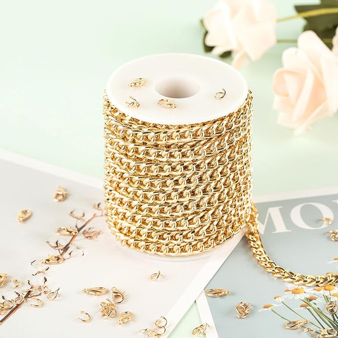 UMAOKANG 33 Feet Gold Plated Curb Chain for Jewelry Making Aluminum Necklace Chains Bulk Twisted Curb Link Chain Roll with Jump Rings and Lobster Clasps
