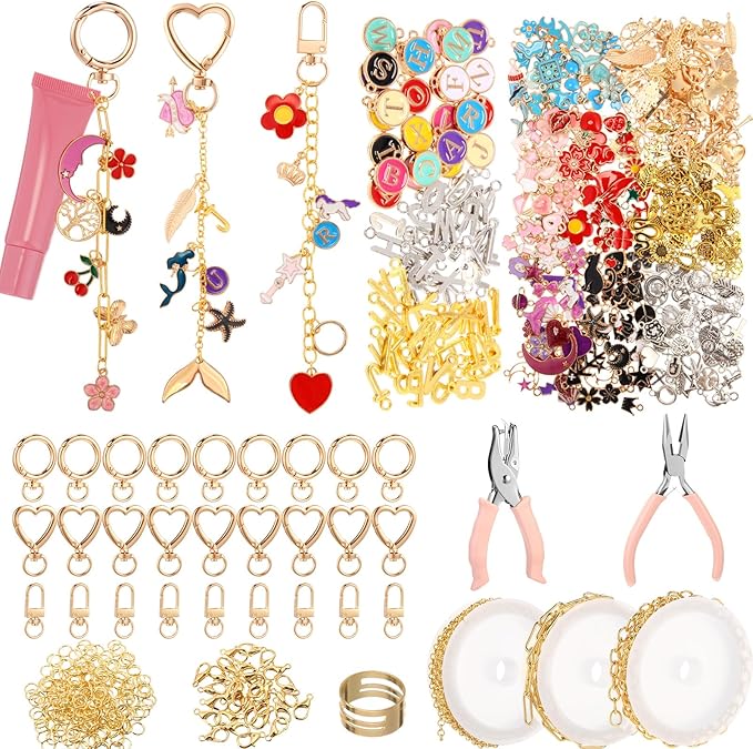 VioraWhite Lip Gloss Charm Kit Lip Gloss Keychain Making Kit Including Assorted Charms Keychain Clips Extender Chain(944 Pcs,Classic Style)