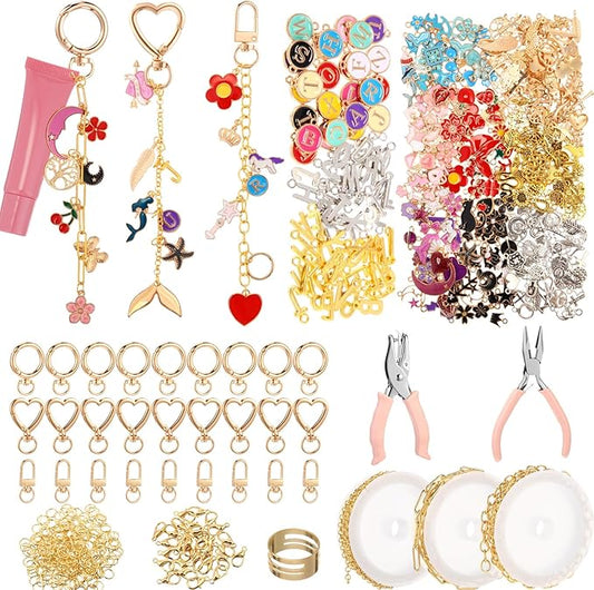 VioraWhite Lip Gloss Charm Kit Lip Gloss Keychain Making Kit Including Assorted Charms Keychain Clips Extender Chain(944 Pcs,Classic Style)
