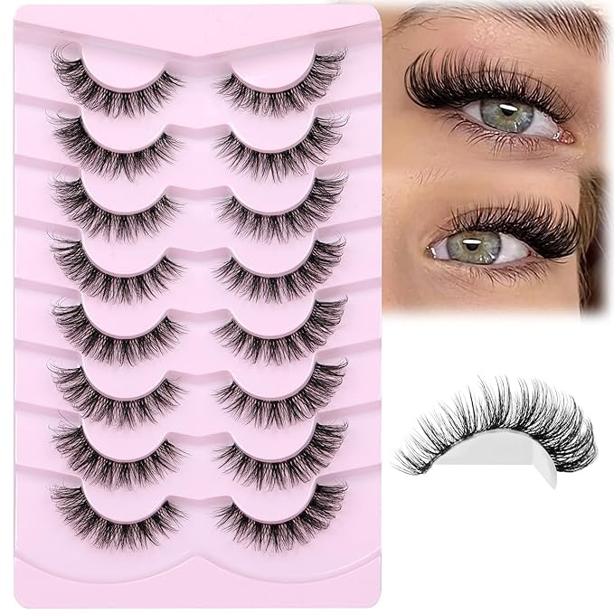 JIMIRE Demi Wispies False Eyelashes Natural Look Invisible Lash Band Cat Eye Lashes 15MM Mink Lashes Fluffy Russian D Curl Strip Lashes Look Like Lash Extensions Pestañas 8 Pairs Pack