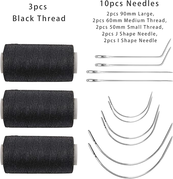 Ryalan Weaving Needle Combo Deal Black Thread with 10pcs Needle for Making Wig Sewing Hair Weft Hair Weave Extension, Big Medium and Small C J Shape Curved Needle I Needle (3 Thread Black + 10 Needle)