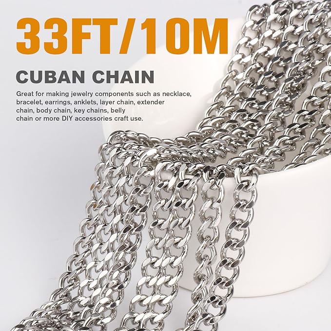 33FT Stainless Steel Cuban Chain Roll 2MM Diamond-Cut Curb Link Chains Spool Bulk for Jewelry Making