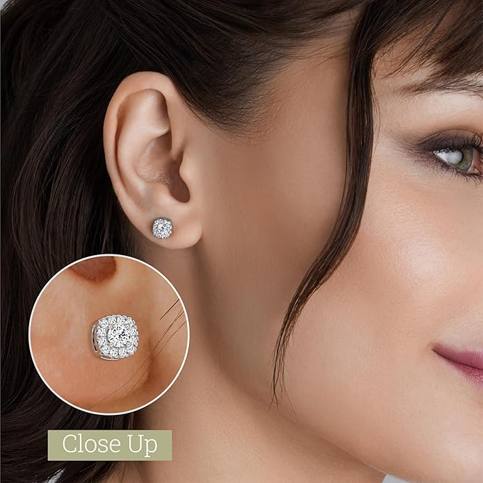 Gilded Lab-Grown Diamond Sterling Silver and 14KT Yellow Gold Plated Silver Stud Earrings for Women | Cushion Halo Shaped Studs | Hypoallergenic Fine Jewelry | Prong Setting, Push Back Nut | SI1 Clarity, F Color 1/4, 1/2, ,1 Carat Total Weight