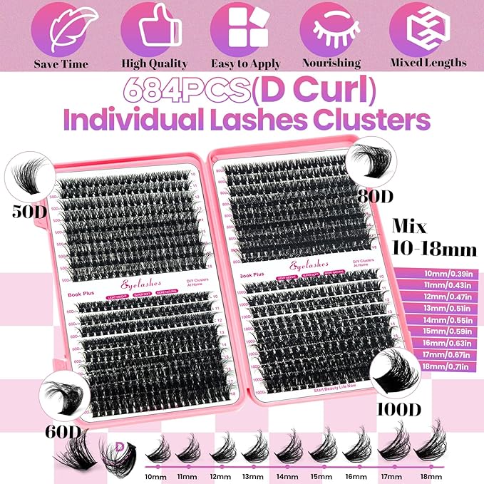 Qiveaory DIY Lash Extension Kit 684pcs Lashes Clusters Thick D Curl Eyelash Extension Kit with Lash Bond and Seal,Eyelash Remover Tweezers Brush(10-18mm,50D+60D+80D+100D) DIY at Home