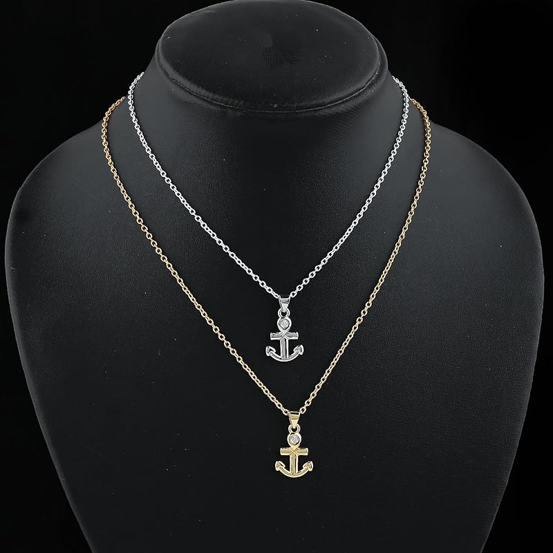 JOR Anchor Charm Pendant Necklace, CZ, Relationship Goal, Women Jewelry, Dainty Gold & Silver Plated Combo Chain 18 inch (Pack of 2)