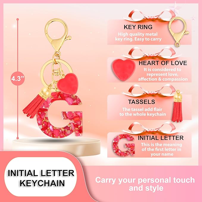 Initial Keychains for Women with Cute Heart Resin - Alphabet Letter Keychain for Bag, Backpacks, Purse or Car key