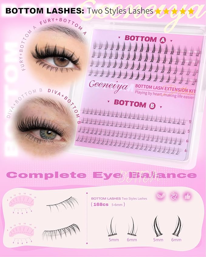 Geeneiya Lash Clusters Kit, 5 Styles Eyelash Clusters Kit, FURY/SIREW/DIVA/Bottom Cluster Eyelash Extensions with Lash Bond and Seal, Remover and Lashes Tools for Beginners, DIY Lash Extension Kit