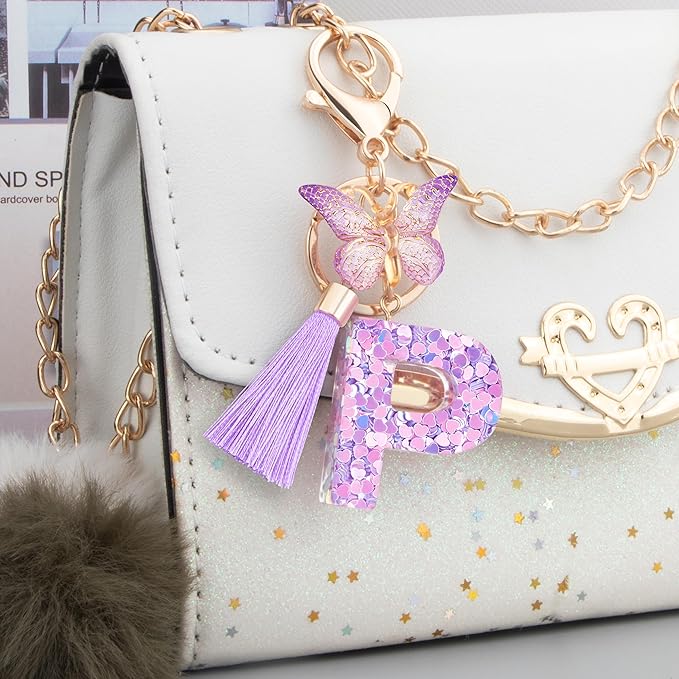 Initial letter Keychains for Women Girls Tassel Butterfly Cute Keychain for Wallet Backpack charm