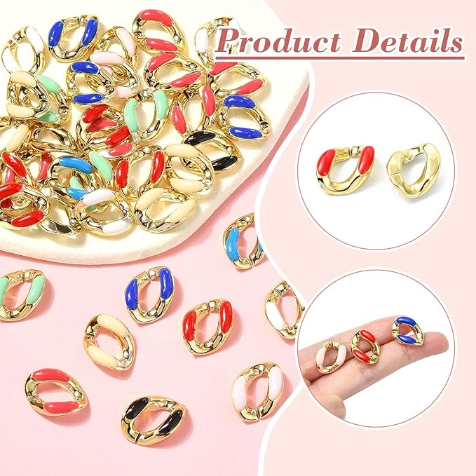 LiQunSweet 135 pcs 9 Colors Oval ABS Plastic Twisted Linking Rings Chains UV Plating Colorful Rainbow Oval Quick Link Connector Chain for DIY Jewelry Making Craft Decoration