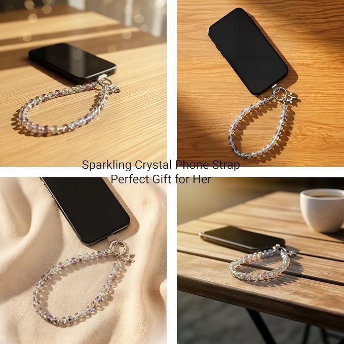 Crystal Phone Wrist Strap Phone Charm Chain Keychain Beaded Cellphone Lanyard with Tether Tab Hands-Free Wristlet Bracelet Wrist Grip Strap for Women, W-Green Purple