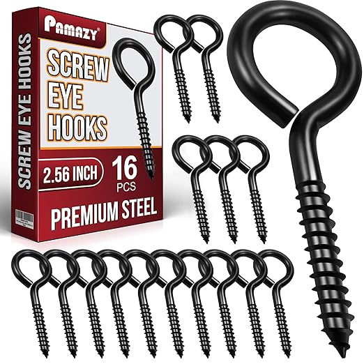 16pcs Screw Eyes, 2.56 Inch Black Eye Hooks Screw Self Tapping Eye, Heavy Duty Eye Bolt for Wood Securing Cables Wire, Hammock Stand, Indoor & Outdoor Use