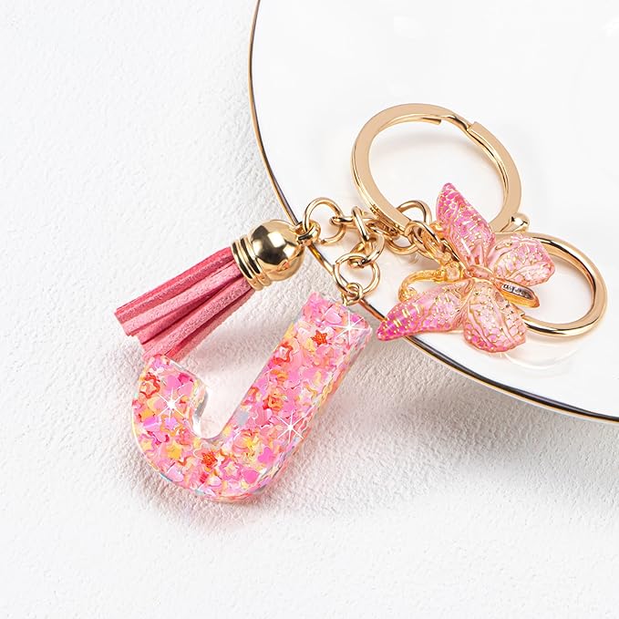 Initial letter Keychains for Women Girls Tassel Butterfly Cute Keychain for Wallet Backpack charm