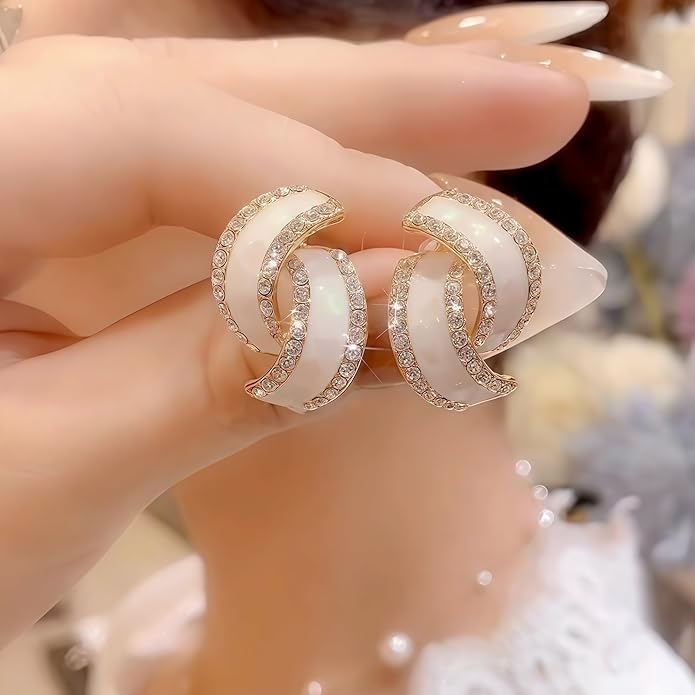 Gold Plated Double Hoop Earrings for Women, White Enamel & Cubic Zirconia Statement Earrings
