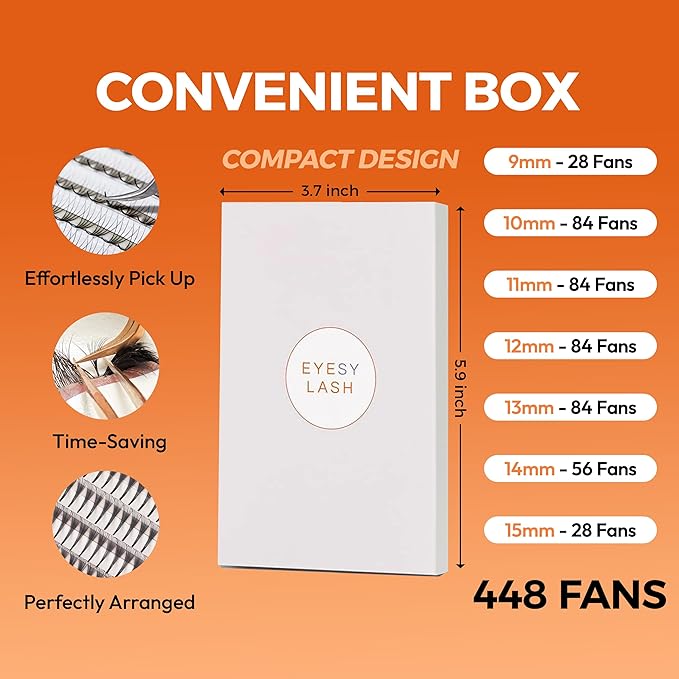 Eyesy Lash 448 Narrow Promade Fans - 10D 0.07mm Thickness CC Curl 9-15mm Mixed Lengths - Mega Volume Eyelash Extension Long Stem Narrow Premade Lash Fans Fluffy Pre Made Eyelash Extension Trays