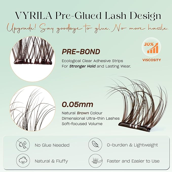 VYRILA Brown Self-Adhesive Lash Cluster Kit, Pre-Glued Clusters with Tweezers, Pop-On Faux Eyelashes, 3D Thin Band D Curl Natural Look Lahses, Easy to Apply, Reusable Eyelash Extensions (Joy-Brown)