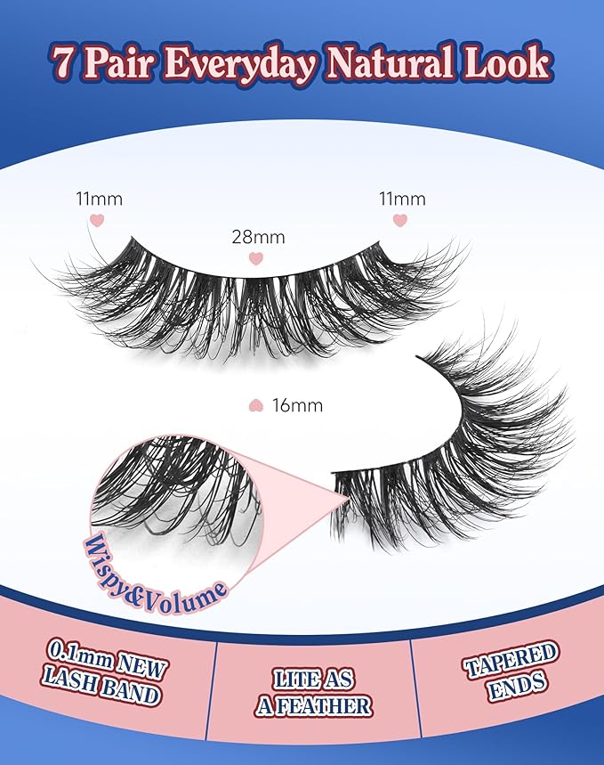 ENFOO Lashes Volume False Eyelashes Wispy Natural Look Everyday Flared Strip EyeLash Fluffy Lash Long Soft Round-Eye Pack 16MM 7 Pairs D89