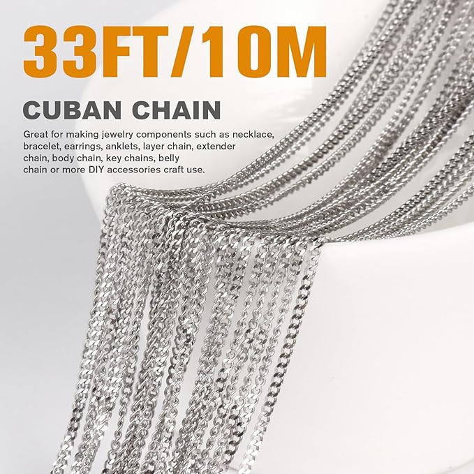33FT Stainless Steel Cuban Chain Roll 1.5MM Diamond-Cut Curb Link Chains Spool Bulk for Jewelry Making