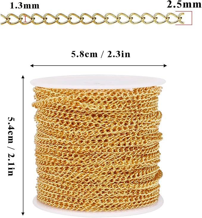 [66 Feet/ 20M] 18K Gold Plated Stainless Steel Curb Chains, 2.5mm 304 Stainless Steel Flat Twisted Links Curb Chains Spool Bulk for Jewelry Making