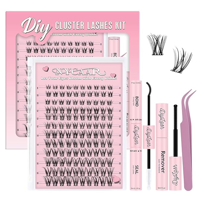 NYCAAR Lash Clusters Kit Wispy&Natural Look Lash Extension Kit D Curl 120Pcs Fluffy Individual Anime Lashes 8-18mm Eyelash Extension Kit with Bond and Seal,Remover,Applicators DIY at Home(NY04)