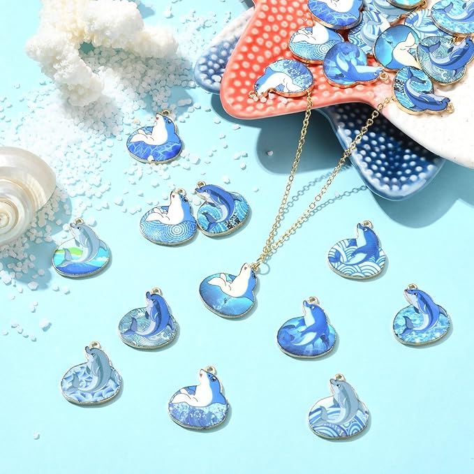 Stiesy 24 Pcs 12 Styles Blue Printed Dolphin Charms Pendants Sea Animal Enamel Alloy Metal Charms for Jewelry Crafts Necklace Bracelets Earring Making DIY Presents