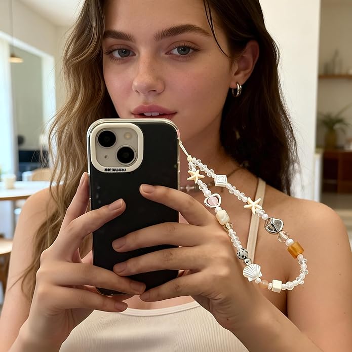 2 Pcs Phone Charm Strap Hand Universal for iPhone Wrist Strap Camera Lanyard Pearl Beaded Cute Chain String Accessories Universal for iPhone 17 Pro Max Samsung Women Girls Phones Bag Keychain